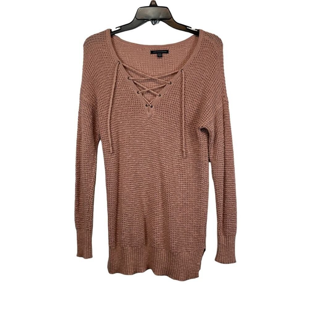 American Eagle Waffle Knit Lace Up Pullover Sweater In Mauve Pink Size Small